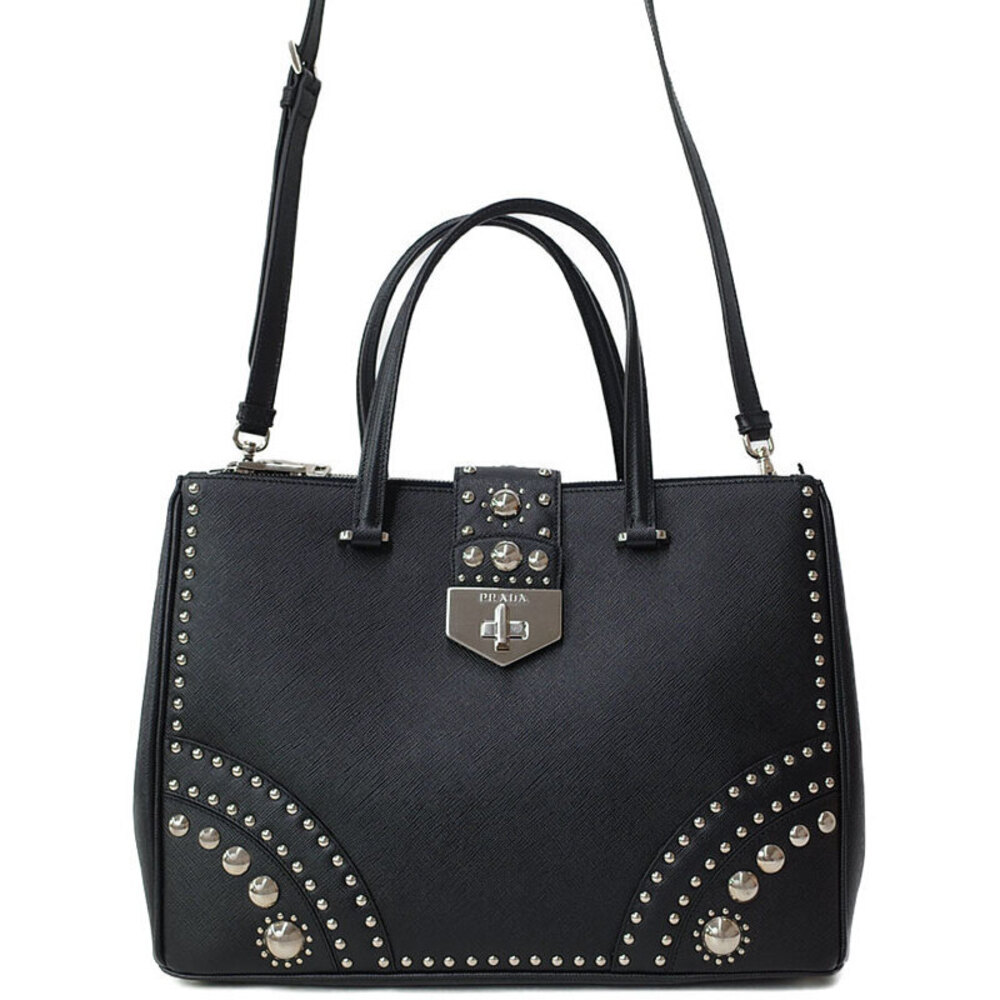 Prada Black Studded Saffiano Leather 2Way Tote Shoulder bag